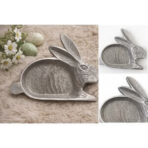 Vintage Pewter Rabbit Tray Bunny Dish Easter Decor Aluminum Serving Tray